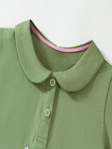 Fashionable Young Girls Polo Collar Cartoon Pony Embroidery Short Sleeve Dress