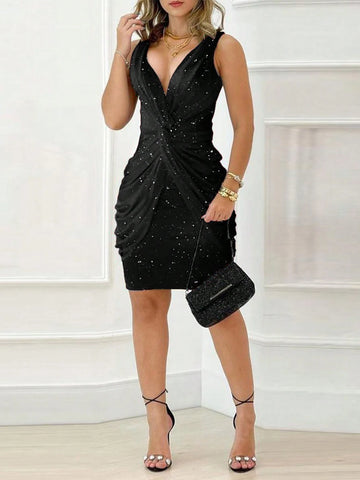 Fashionable & Elegant Glitter Waist Twist Design Bodycon V-Neck Sleeveless Women Party Dress
