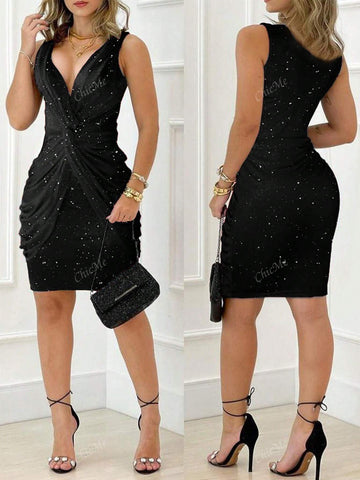 Fashionable & Elegant Glitter Waist Twist Design Bodycon V-Neck Sleeveless Women Party Dress