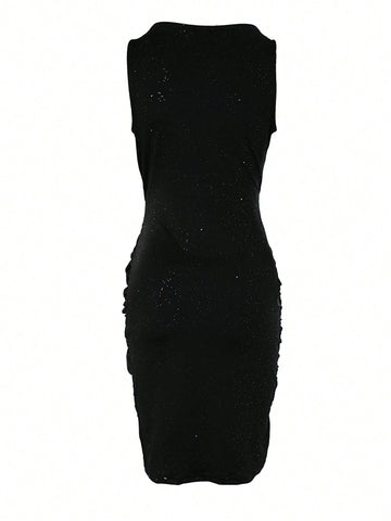 Fashionable & Elegant Glitter Waist Twist Design Bodycon V-Neck Sleeveless Women Party Dress