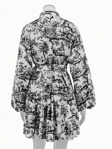 Fashionable & Elegant Random Print Long Sleeve Tie Waist Loose Dress