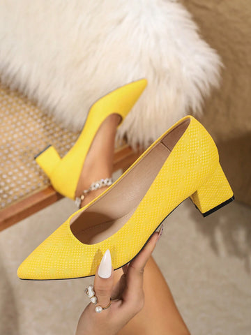 Fashionable & Sexy Chunky Heels Pointed Toe High Heels, Comfortable & Versatile, Yellow, 2024 New Arrival