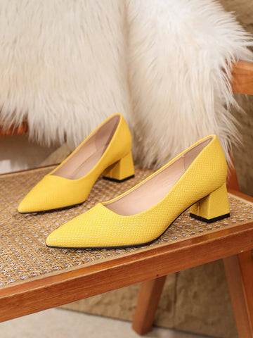 Fashionable & Sexy Chunky Heels Pointed Toe High Heels, Comfortable & Versatile, Yellow, 2024 New Arrival