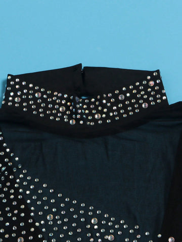 Fashionable & Sexy Sheer Mesh Rhinestone Detail Long Sleeve Jumpsuit