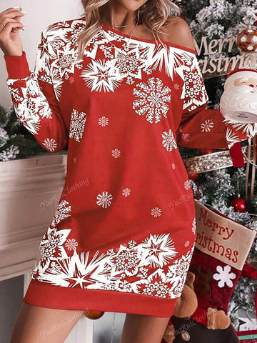 Fashionable & Versatile Asymmetrical Shoulder Christmas Red Sweatshirt Dress For Party/Event