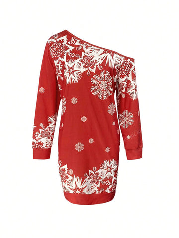 Fashionable & Versatile Asymmetrical Shoulder Christmas Red Sweatshirt Dress For Party/Event