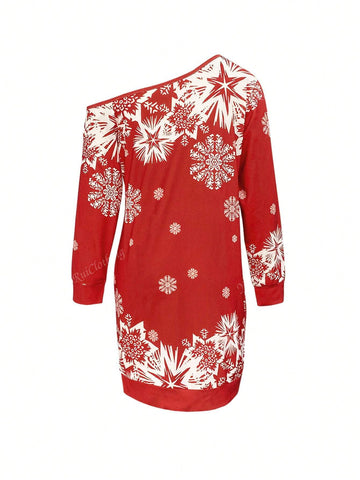 Fashionable & Versatile Asymmetrical Shoulder Christmas Red Sweatshirt Dress For Party/Event