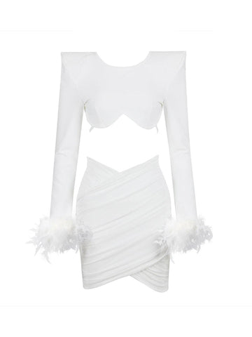Fauna Long Sleeve Feather Mesh Bandage Set In White