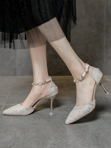 Faux Pearl Decor Ankle Strap Pumps
