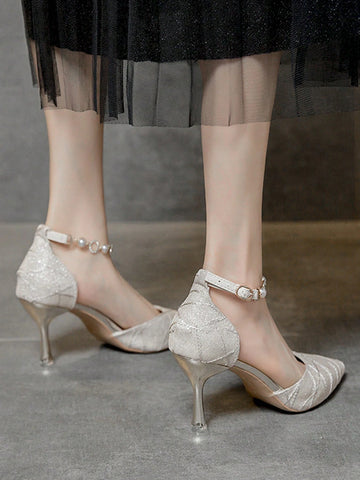 Faux Pearl Decor Ankle Strap Pumps