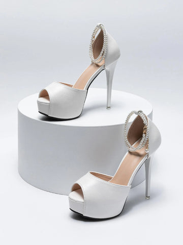 Faux Pearl Decor Peep Toe Platform Stiletto Heeled Ankle Strap Pumps, High Platform White Sexy Rhinestone Stiletto Shoes For Women