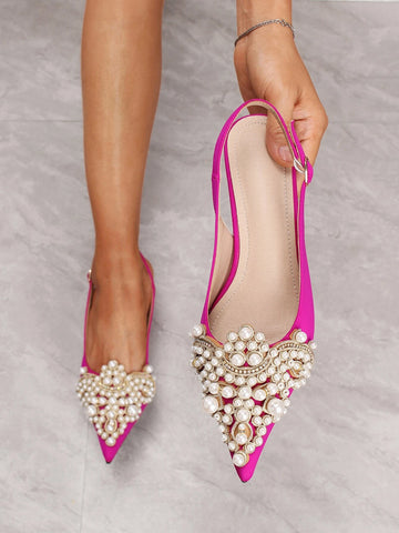 Faux Pearl & Rhinestone Decor Stiletto Heeled Slingback Pumps, Back Straps, Pink Pearl & Rhinestone