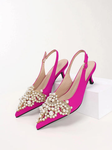 Faux Pearl & Rhinestone Decor Stiletto Heeled Slingback Pumps, Back Straps, Pink Pearl & Rhinestone