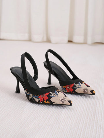 Faux Suede Floral Pattern Slingback Pumps