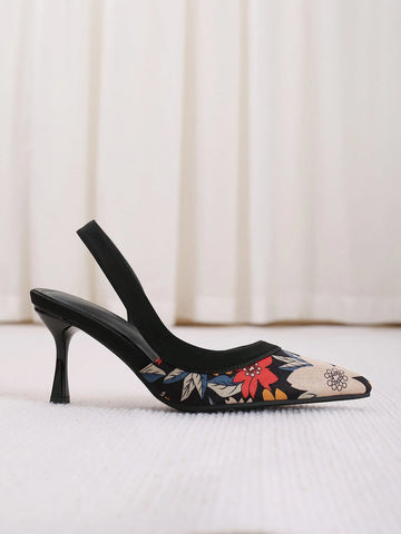 Faux Suede Floral Pattern Slingback Pumps