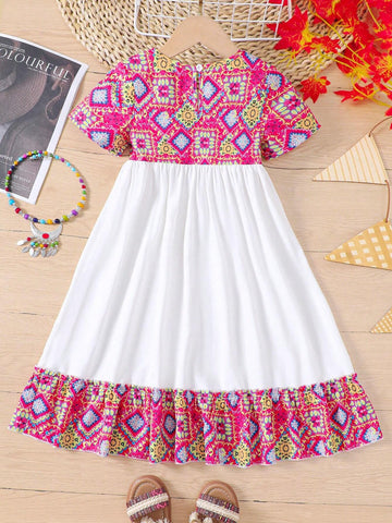 Feast Of Sacrifice Girls Printed Spliced Long Dress Hem For Spring/Summer