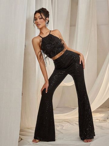 Feather Detail Cami Vest & Sequin Pants