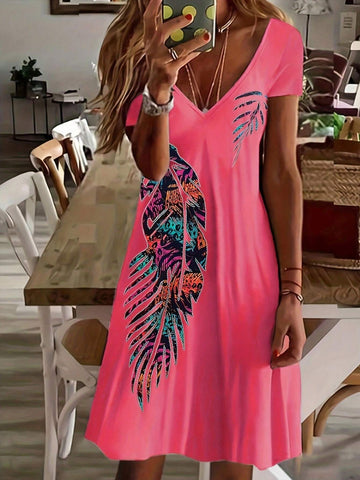Feather Print Deep V Neck Tee Dress