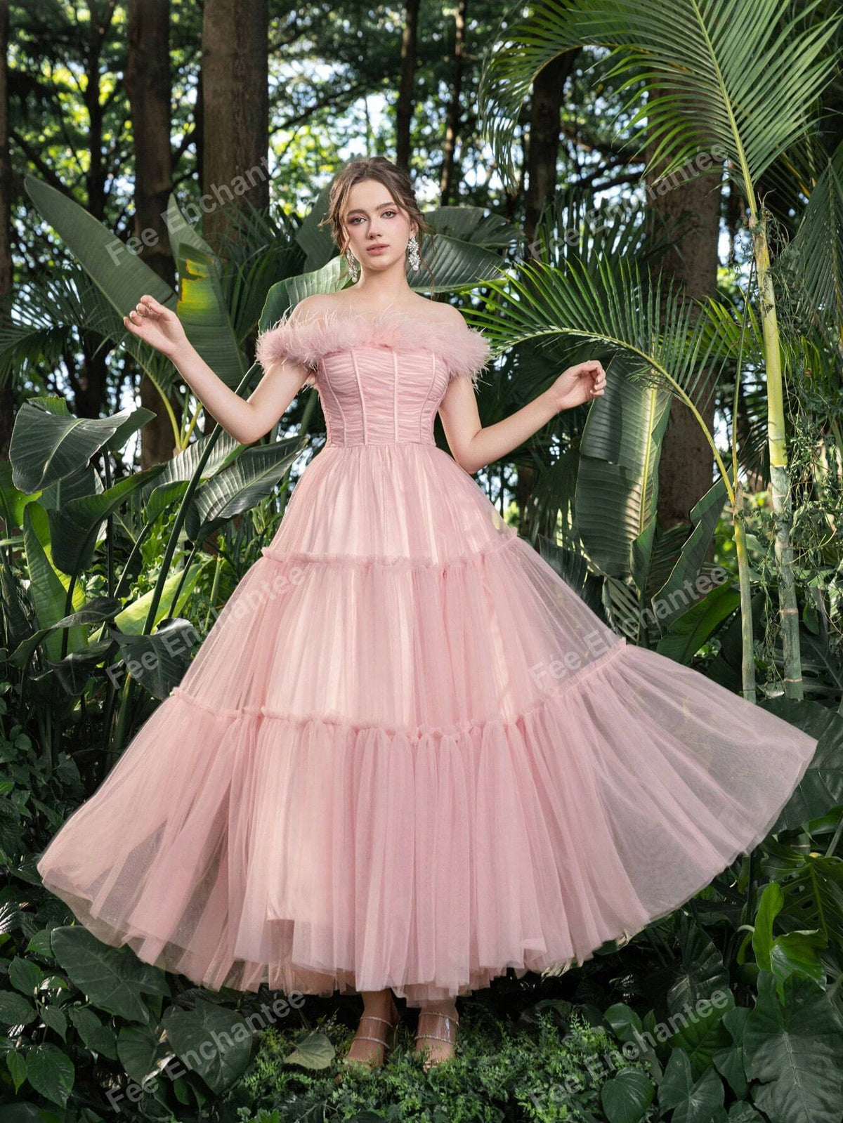 Feather Trim Ruched Bustier Tulle Prom Tube Homecoming Dress