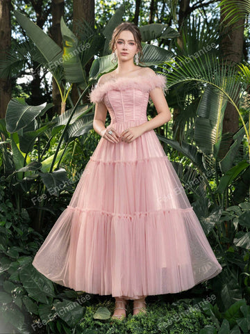 Feather Trim Ruched Bustier Tulle Prom Tube Homecoming Dress