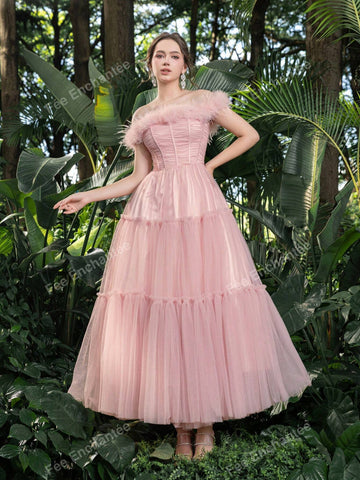 Feather Trim Ruched Bustier Tulle Prom Tube Homecoming Dress