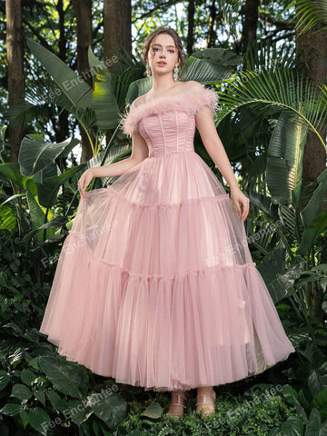 Feather Trim Ruched Bustier Tulle Prom Tube Homecoming Dress