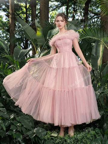 Feather Trim Ruched Bustier Tulle Prom Tube Homecoming Dress