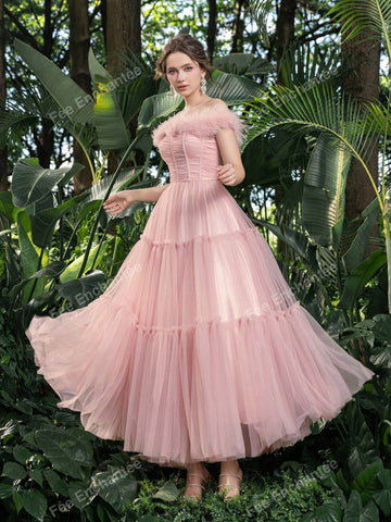 Feather Trim Ruched Bustier Tulle Prom Tube Homecoming Dress