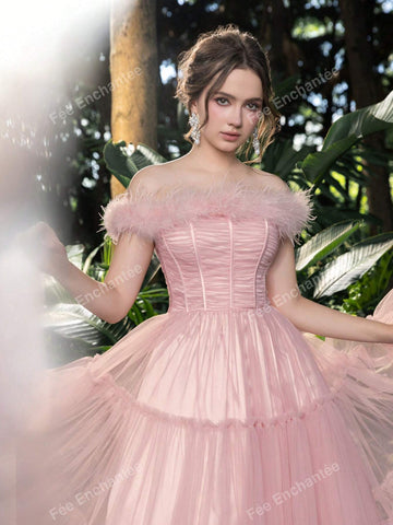 Feather Trim Ruched Bustier Tulle Prom Tube Homecoming Dress