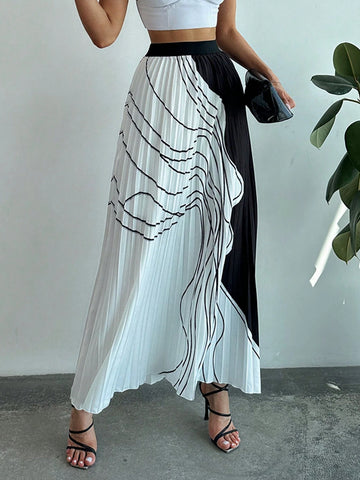 Firerie Abstract Line Contrast Color Pleated Elegant Commuter Skirt