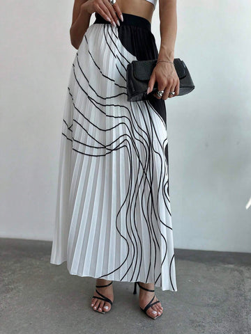 Abstract Line Contrast Color Pleated Elegant Commuter Skirt