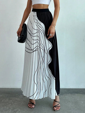 Firerie Abstract Line Contrast Color Pleated Elegant Commuter Skirt