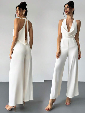 Firerie Elegant Modern Commute Romantic Date Sexy Party Beach Holiday Deep V-Neck Backless Waist-Cinched Wide Leg White Pants, Suitable For Festivals, Weddings, Music Festivals
