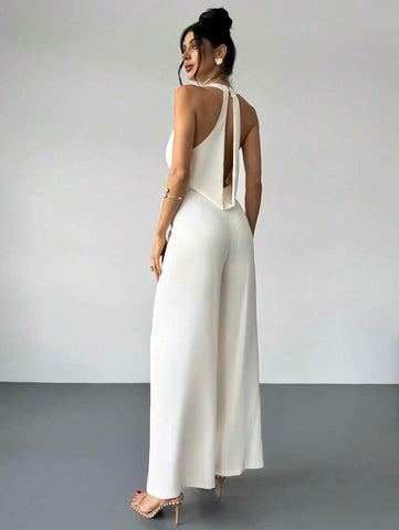 Firerie Elegant Modern Commute Romantic Date Sexy Party Beach Holiday Deep V-Neck Backless Waist-Cinched Wide Leg White Pants, Suitable For Festivals, Weddings, Music Festivals