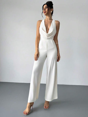 Firerie Elegant Modern Commute Romantic Date Sexy Party Beach Holiday Deep V-Neck Backless Waist-Cinched Wide Leg White Pants, Suitable For Festivals, Weddings, Music Festivals