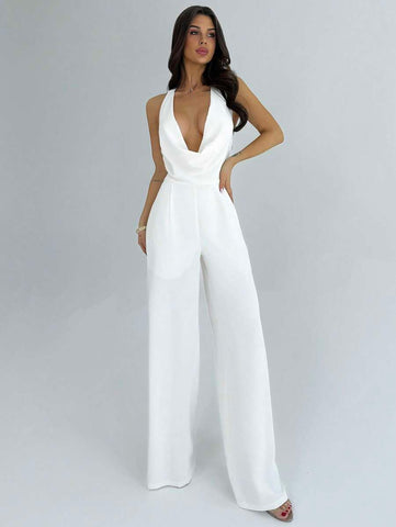 Firerie Elegant Modern Commute Romantic Date Sexy Party Beach Holiday Deep V-Neck Backless Waist-Cinched Wide Leg White Pants, Suitable For Festivals, Weddings, Music Festivals