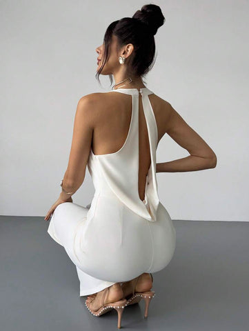 Firerie Elegant Modern Commute Romantic Date Sexy Party Beach Holiday Deep V-Neck Backless Waist-Cinched Wide Leg White Pants, Suitable For Festivals, Weddings, Music Festivals
