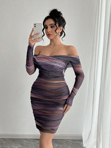 Sexy Elegant Style Dress For Party, Vacation, Back To School, Romantic Dating, Wedding, Birthday Dress, Party Banquet, New Year's Eve Outfits, Christmas Women's Dresses, Cocktail Women's Dresses, Purple Swoosh One Shoulder Skinny Long Sleeve Short Dresses