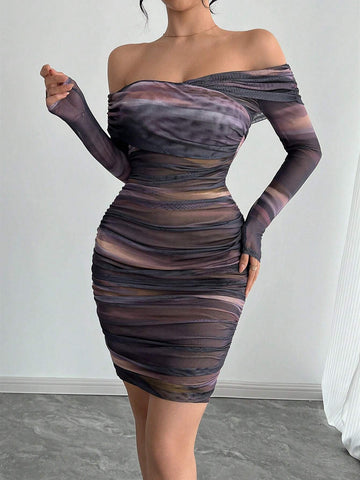 Sexy Elegant Style Dress For Party, Vacation, Back To School, Romantic Dating, Wedding, Birthday Dress, Party Banquet, New Year's Eve Outfits, Christmas Women's Dresses, Cocktail Women's Dresses, Purple Swoosh One Shoulder Skinny Long Sleeve Short Dresses