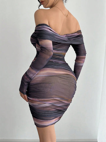 Sexy Elegant Style Dress For Party, Vacation, Back To School, Romantic Dating, Wedding, Birthday Dress, Party Banquet, New Year's Eve Outfits, Christmas Women's Dresses, Cocktail Women's Dresses, Purple Swoosh One Shoulder Skinny Long Sleeve Short Dresses