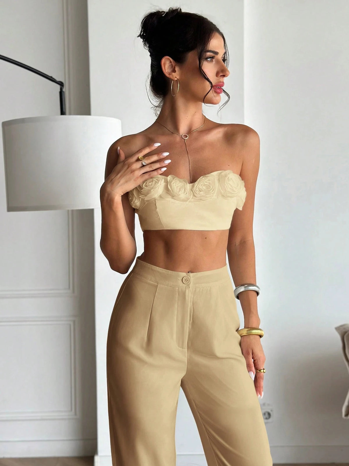 Firerie 2pcs White 3D Floral Bandeau Top & Pants Set, Elegant Office & Casual Wear, Autumn & Winter