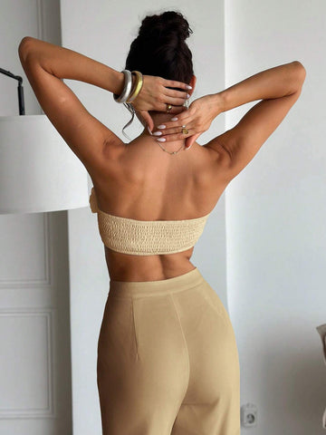 Firerie 2pcs White 3D Floral Bandeau Top & Pants Set, Elegant Office & Casual Wear, Autumn & Winter