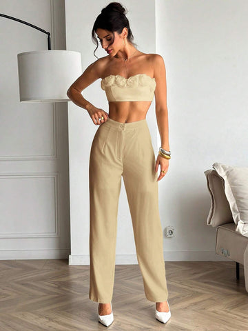 Firerie 2pcs White 3D Floral Bandeau Top & Pants Set, Elegant Office & Casual Wear, Autumn & Winter