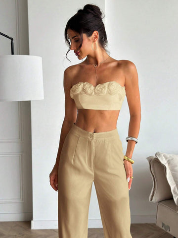 Firerie 2pcs White 3D Floral Bandeau Top & Pants Set, Elegant Office & Casual Wear, Autumn & Winter