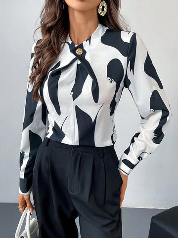 Firerie Women's Crossover Neckline Metal Decor Elegant Office Slim Fit Geometric Blouse