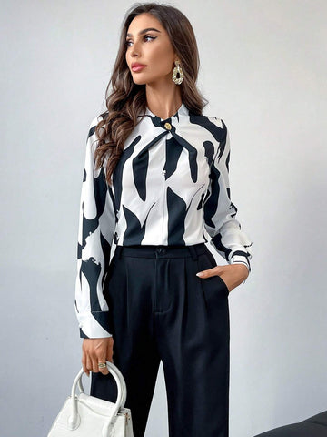 Firerie Women's Crossover Neckline Metal Decor Elegant Office Slim Fit Geometric Blouse