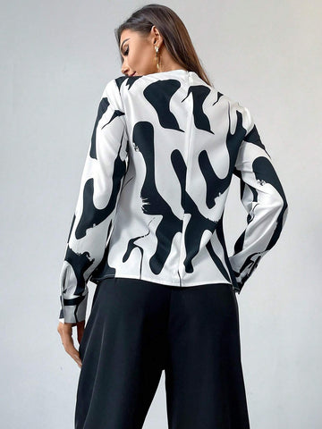 Firerie Women's Crossover Neckline Metal Decor Elegant Office Slim Fit Geometric Blouse