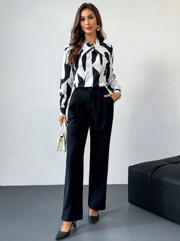 Firerie Women's Crossover Neckline Metal Decor Elegant Office Slim Fit Geometric Blouse