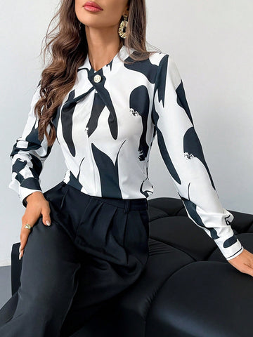 Firerie Women's Crossover Neckline Metal Decor Elegant Office Slim Fit Geometric Blouse