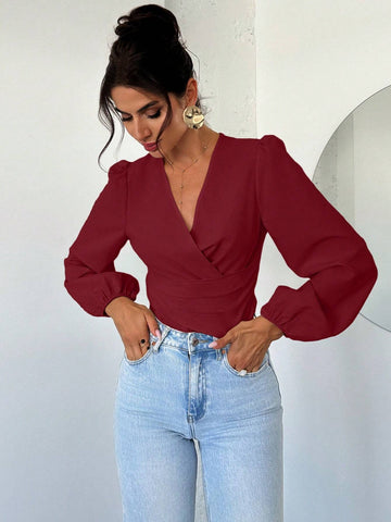 Firerie Women's Design Sense Commuter Blouse, Apricot V-Neck Cinched Waist Puff Long Sleeve Shirt